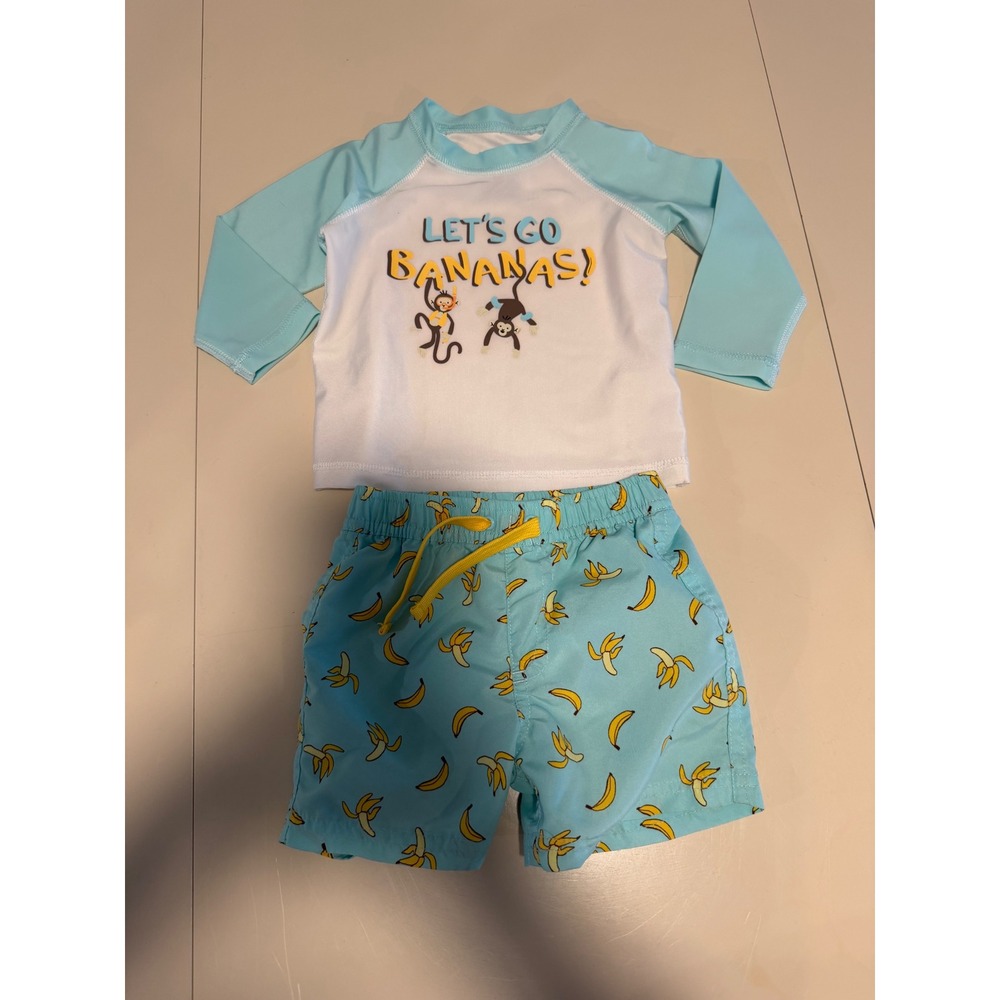 First Impressions Baby Boy 12M Swimsuit Set Rash‎ Guard Trunks Bananas Blue